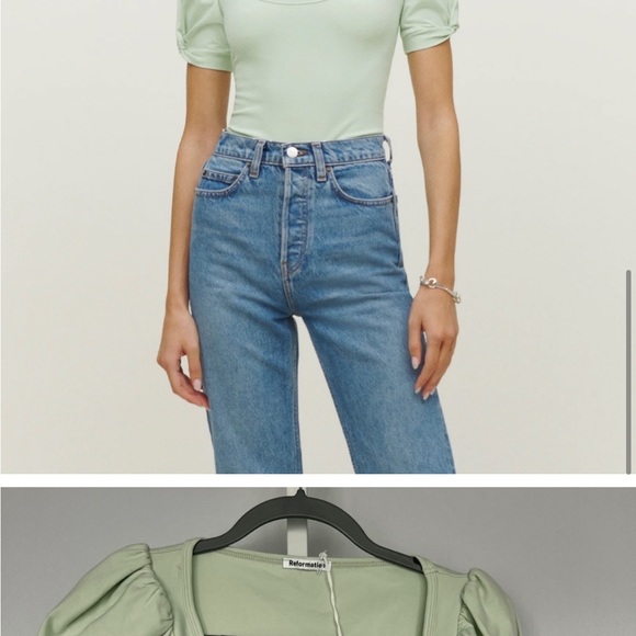 Reformation Frances Knit Top Pistachio Green in SMALL Puff Sleeves Scoop Neck - Picture 9 of 9